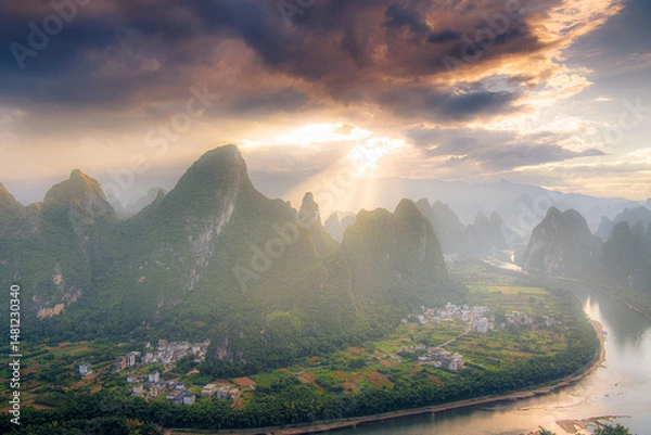 Obraz Panoramic sunrise over the Karst mountain natural landscape from Xianggong Mountain, with cloudy sky