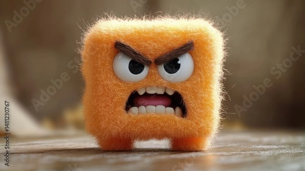 Fototapeta small fluffy orange cube character with angry expression standing on wooden surface