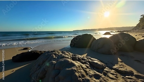 Fototapeta Sunlit California Coastline Boulders on Sandy Beach with Gentle Waves and Clear Sky