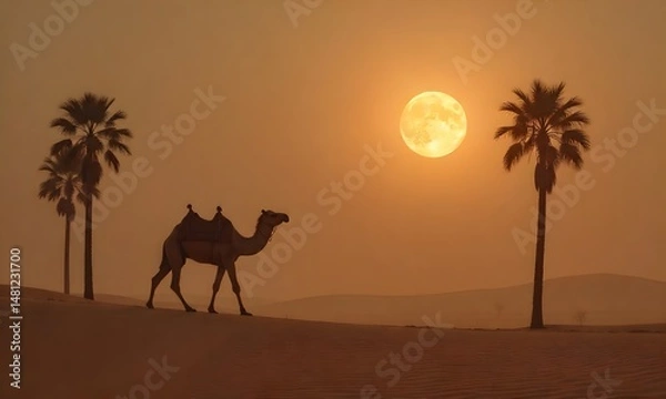 Fototapeta Desert Camel Silhouette Under a Glowing Sun Palm Trees and Sand Dunes Landscape Scene. Generated by AI