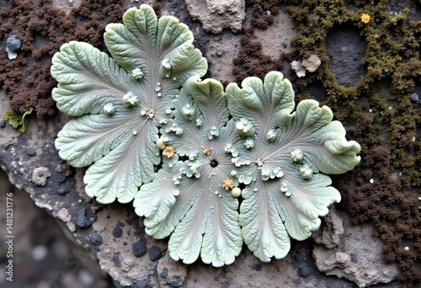 Fototapeta Pair of Pale Green Lichen Patches on Textured Rock Surface with Small Flowers. Generated by AI