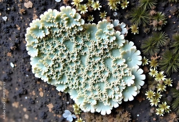 Fototapeta Intricate Pale Green Lichen Growth on Rock Surface with Tiny Flowers and Moss. Generated by AI