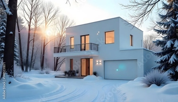 Fototapeta Modern White House in Winter Landscape with Snow Covered Ground and Bare Trees. Generated by AI