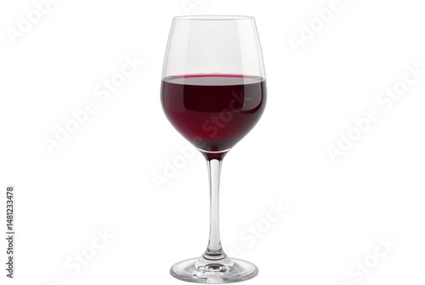 Fototapeta A tall elegant wine glass filled with ruby red wine. Perfect for advertising, product presentation, or designs celebrating special occasions, holidays, parties, and fine dining.