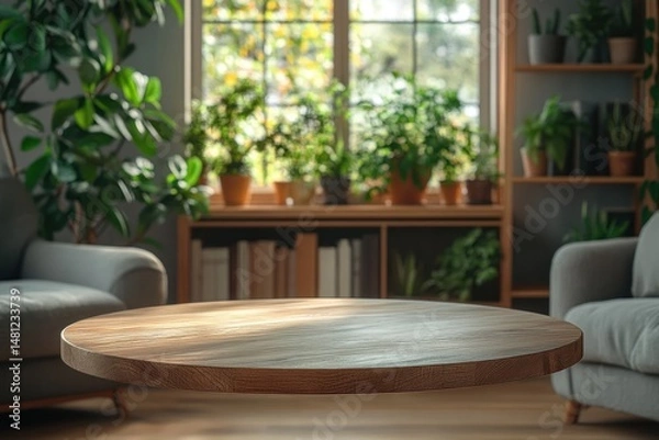 Fototapeta Cozy indoor living space with a round wooden coffee table centered between two grey sofas, surrounded by lush green potted plants and natural light from large windows