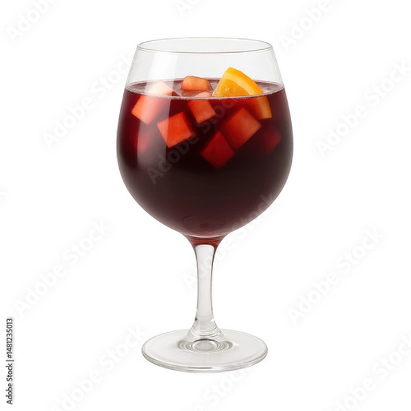 Fototapeta Single classic wine glass filled with dark red sangria and fruit pieces on transparent background