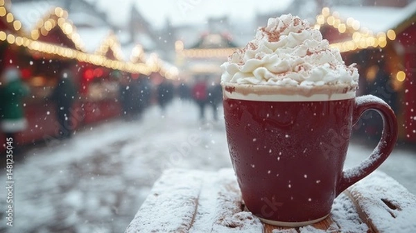 Obraz Red Mug with Whipped Cream at Snowy Outdoor Market