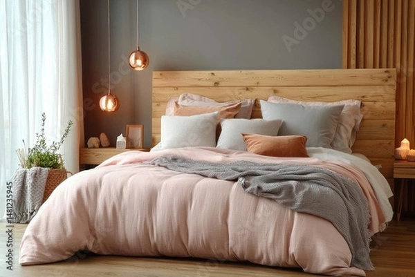 Fototapeta Cozy modern bedroom with wooden headboard, soft pink bedding, multiple pillows, warm hanging pendant lights and indoor plant by sheer window