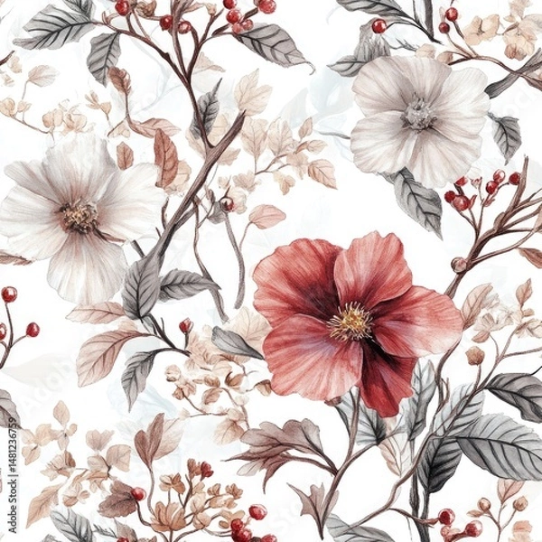 Obraz Delicate floral pattern, featuring muted tones of blush, rose, and cream on a white background, with detailed blossoms, leaves, and berries