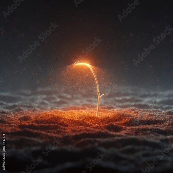 Fototapeta A surreal digital artwork of a glowing seedling emerging from rich soil, representing renewal, super-resolution PNG