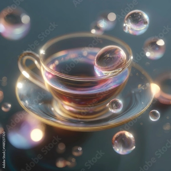 Fototapeta A surreal tea-inspired composition featuring floating droplets infused with radiant light effects, super-clean PNG