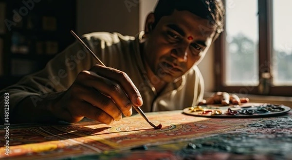 Obraz Focused artist meticulously painting a vibrant design