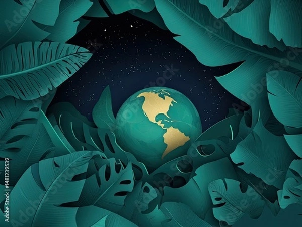 Fototapeta Lush tropical foliage frames a serene view of earth at night.