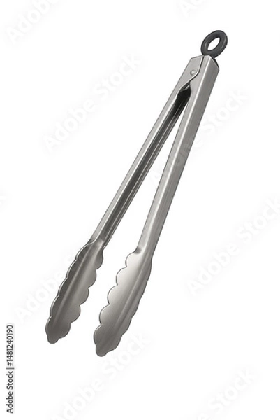 Fototapeta Pair of stainless steel kitchen tongs with black plastic loop on transparent background
