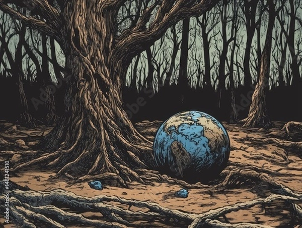 Obraz A massive earth rests in the midst of a barren, ancient forest.