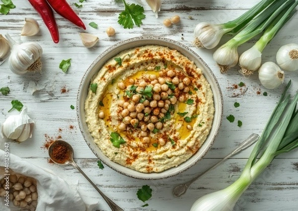 Obraz Creamy hummus topped with chickpeas