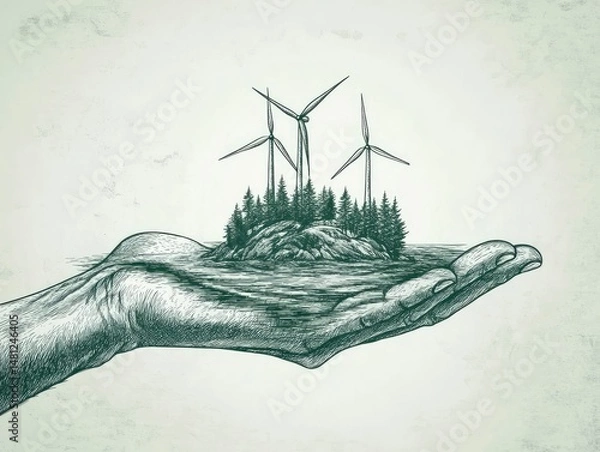 Obraz Renewable energy sources held within a caring hand.