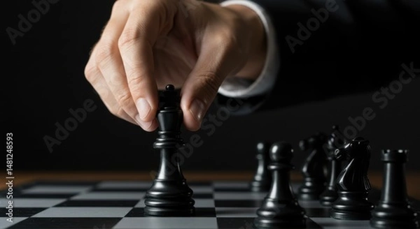 Fototapeta Chess game strategy representing strategic thinking and business planning with hand moving queen