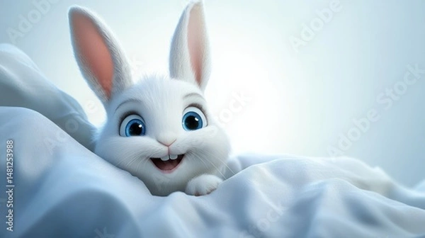 Obraz Close-up of a happy white rabbit with big blue eyes lying on soft white fabric, expressing joy and curiosity