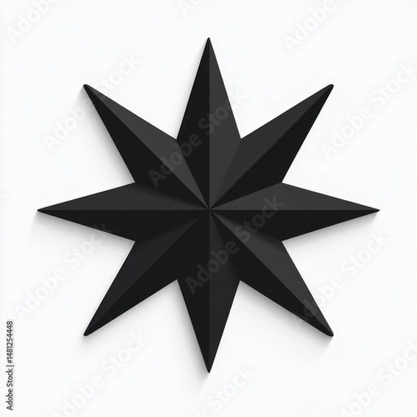 Fototapeta Three-dimensional eight-pointed star shape with sharp edges in black on white background creating a geometric and modern abstract form