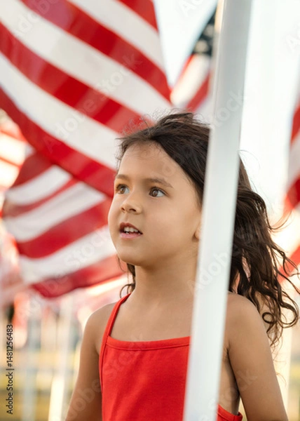 Obraz Summer portrait of child with American flags on a Memorial Day, USA National holiday