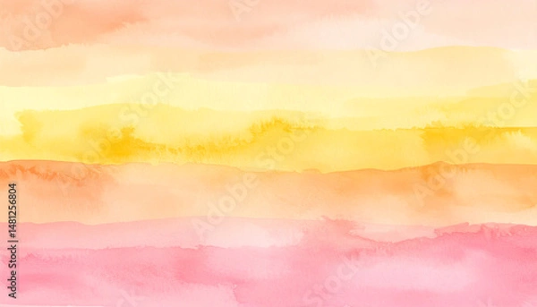 Fototapeta A soft, abstract watercolor painting featuring gradient stripes in warm hues of pink, orange, and yellow, evoking a calming and serene atmosphere