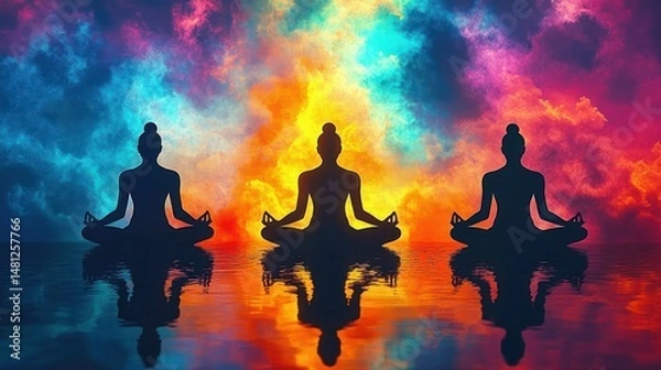 Fototapeta Three silhouetted figures meditating in lotus posture on reflective water surface against a vibrant colorful fiery background evoking tranquility and spiritual energy