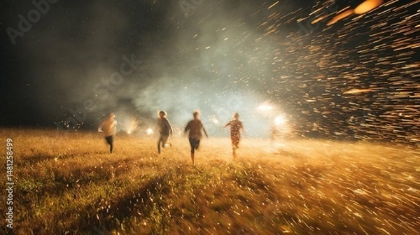 Fototapeta Nighttime scene of people running through a field of tall grass.