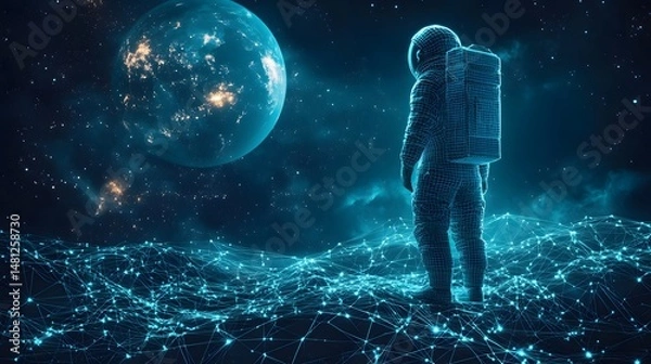 Fototapeta A wireframe astronaut stands on a digital network, contemplating a vibrant, populated planet. Technological marvel meets cosmic wonder. Abstract wireframe in dark blue.