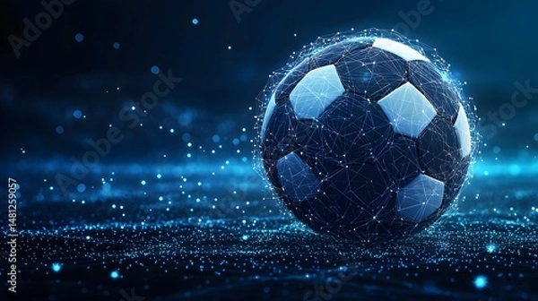Obraz Futuristic soccer ball design with digital web backdrop. Ideal for sports tech concepts, gaming, and digital integrations. Evokes innovation and modern athleticism. Abstract wireframe in dark blue.