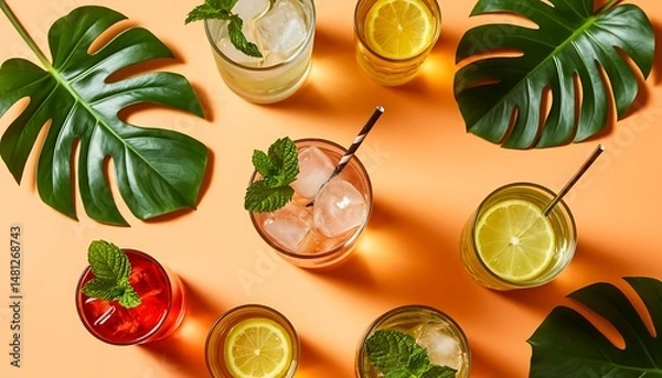 Fototapeta creative summer concept background with drink and fruits and tropical leaves	
