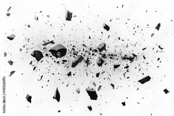 Fototapeta Black fragmented rocks or particles scattered and exploding outward on a white background creating a dynamic dispersal effect
