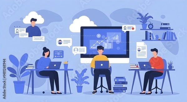 Fototapeta Professionals working from home using cloud-based tools for business collaboration. Minimalist vector with soft colors and tech elements.