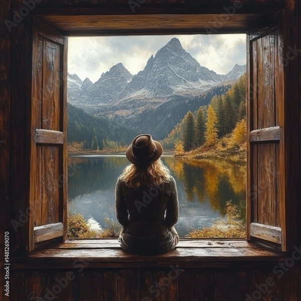 Fototapeta Person sitting on wooden window ledge looking out at serene lake surrounded by autumn trees and tall mountains under a cloudy sky