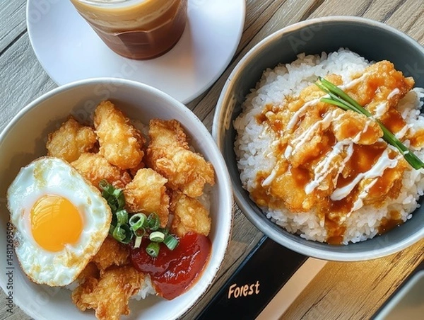 Obraz Crispy fried chicken over rice, with egg and sauce