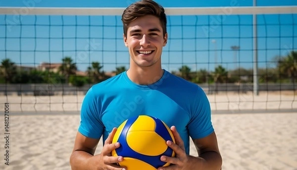 Fototapeta young athletic man smiling and holding volleyball at beach net sunny day concept of active lifestyle summer sports 