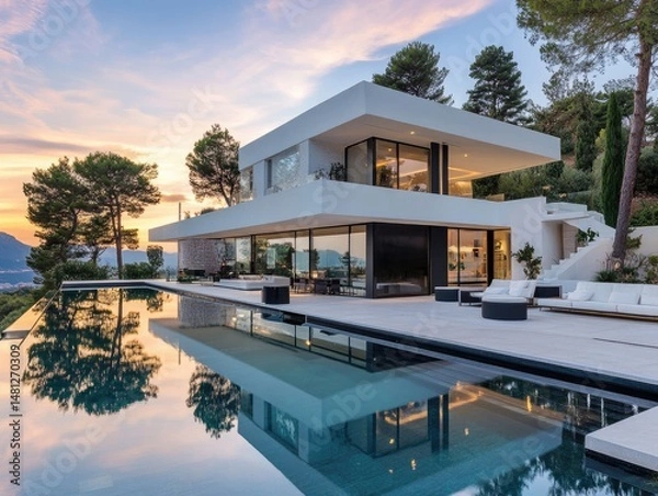 Obraz Modern Villa with Infinity Pool at Sunset