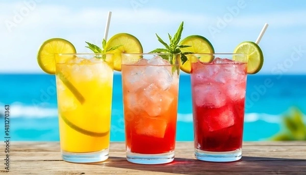 Fototapeta summer fruit cocktails with colorful garnishes on beach bar table with ocean view concept of tropical vacation seaside mixology