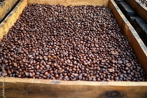 Fototapeta Close-up view of roasted coffee beans filling a wooden box with rich brown tones and textured surface