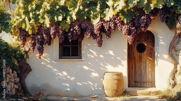 Fototapeta Rustic white stone house wall with wooden door and window shaded by grapevines heavy with clusters of ripe purple grapes and a wooden barrel nearby