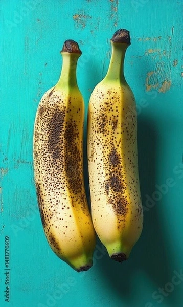 Fototapeta Two ripe bananas with brown spots lying side by side on a textured turquoise surface, showing natural ripening process