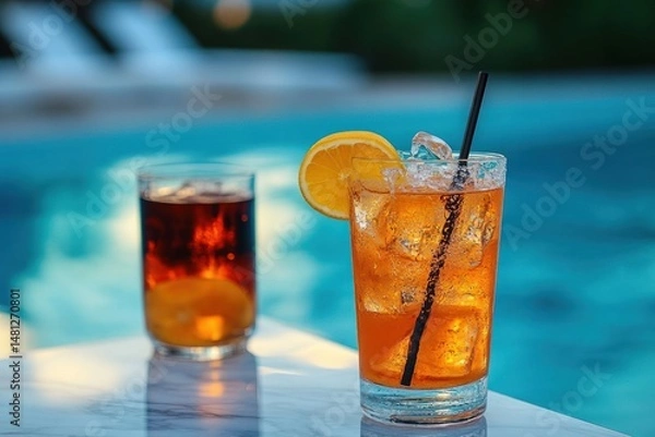 Fototapeta Two refreshing iced beverages on a marble surface by a swimming pool with vibrant blue water and a slice of orange garnish on one glass