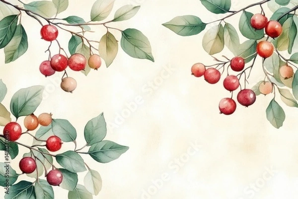 Fototapeta Watercolor illustration of red and orange berries with green leaves framing the corners against a light beige background