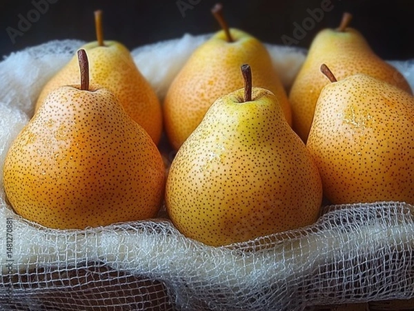 Fototapeta Six ripe yellow pears with brown speckles neatly arranged on white mesh fabric showcasing freshness and natural texture