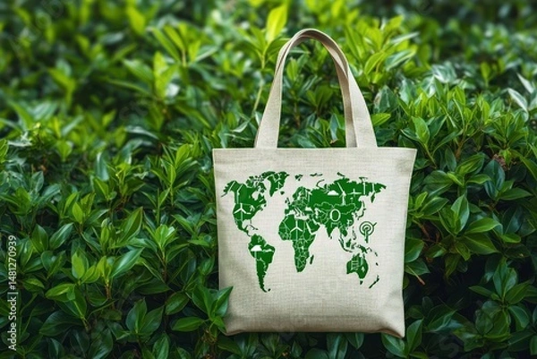 Fototapeta Beige reusable tote bag with a green world map design featuring eco symbols held against lush green shrubbery background