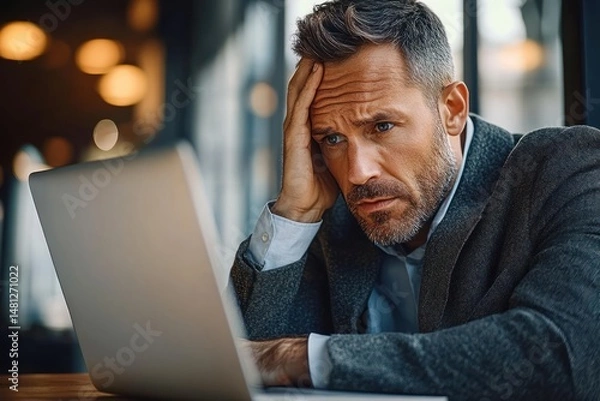 Fototapeta stressed man in business attire looking worried while using laptop in a dimly lit modern office