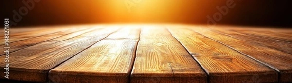 Fototapeta Close-up of rustic wooden plank surface illuminated by warm golden light creating a cozy and inviting ambiance
