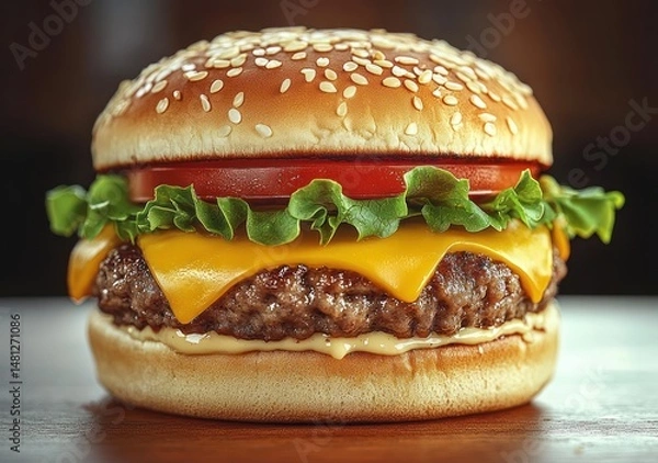 Fototapeta Close-up of a juicy cheeseburger with sesame seed bun, melted cheddar cheese, fresh lettuce, sliced tomato, and creamy sauce on a wooden surface