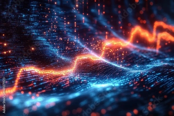 Fototapeta Abstract digital wave with glowing blue and orange particles forming dynamic flowing lines on dark background