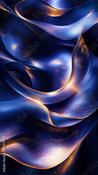 Fototapeta Abstract flowing blue and gold waves with sparkling light particles creating a smooth, dynamic, and elegant visual texture